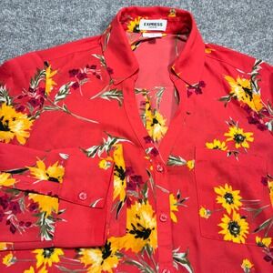 EXPRESS Portofino Blouse Women's Corel Floral Slim Fit Button Down Shirt Medium